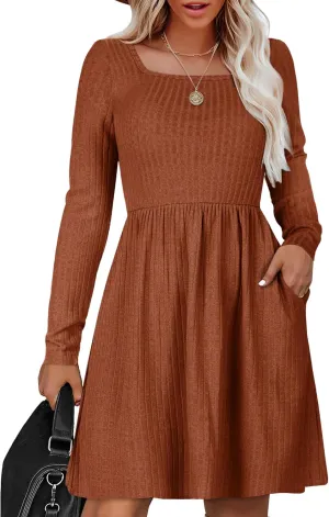Zeagoo Womens Casual Sweater Dress Square Neck Knit Long Sleeve Dress with Pockets A-Line Knee Length Fall Winter Dress