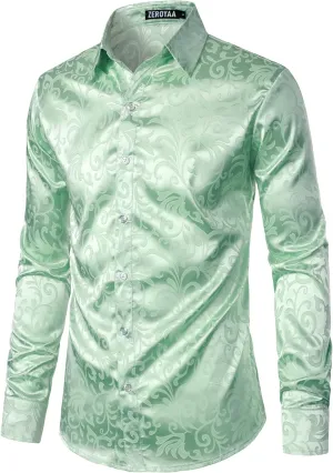 ZEROYAA Men's Luxury Jacquard Long Sleeve Dress Shirt Shiny Satin Slik Like Wedding Party Prom Shirts