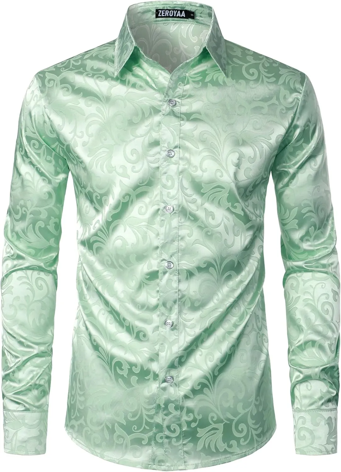 ZEROYAA Men's Luxury Jacquard Long Sleeve Dress Shirt Shiny Satin Slik Like Wedding Party Prom Shirts