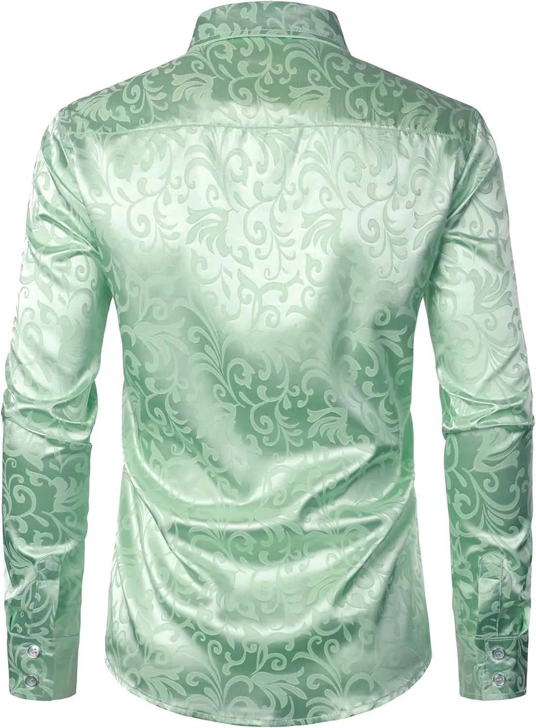 ZEROYAA Men's Luxury Jacquard Long Sleeve Dress Shirt Shiny Satin Slik Like Wedding Party Prom Shirts